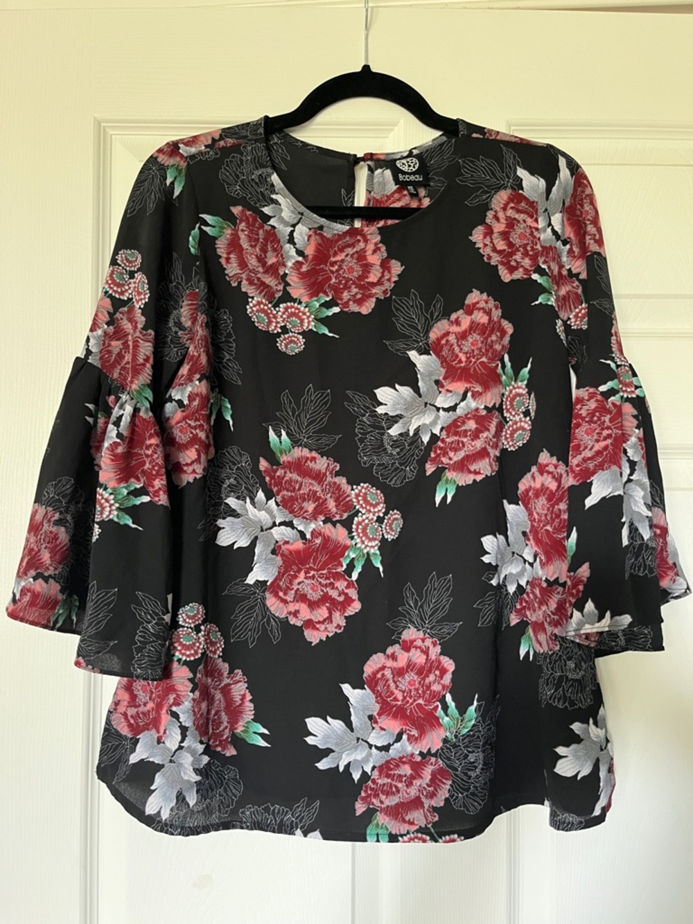 bobeau Black Floral Bell Sleeve Blouse with Red & Green Accents